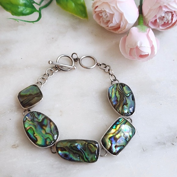 Lucas Lameth Jewelry - LUC 925 Sterling Silver Abalone Shell Toggle Link Bracelet Iridescent Boho